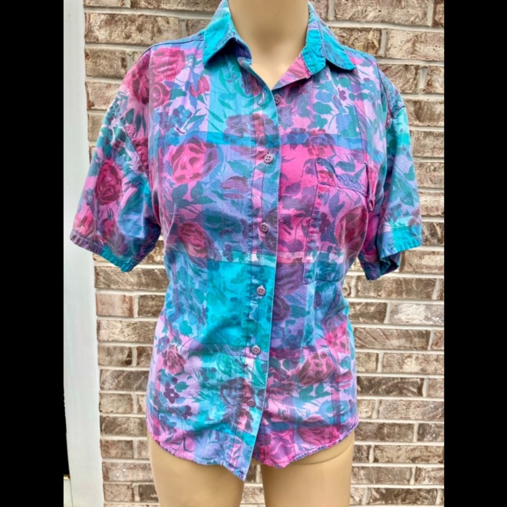 Vintage 90s Floral Abstract Button Down Shirt - Picture 2 of 8